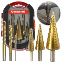 Sada 6 vrtáků – 3 stupňové (4–12, 4–20, 4–30 mm) + 3 frézovací (3, 6, 8 mm), M22295