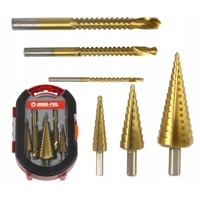 Sada 6 vrtáků – 3 stupňové (4–12, 4–20, 4–30 mm) + 3 frézovací (3, 6, 8 mm), M22295